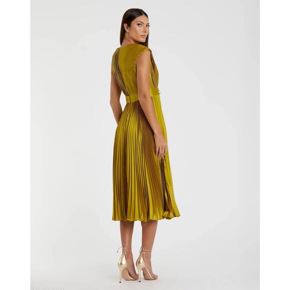 Mac Duggal Pleated Midi Dress Chartreuse Belted V Neck Size 6 NWT - Picture 13 of 13
